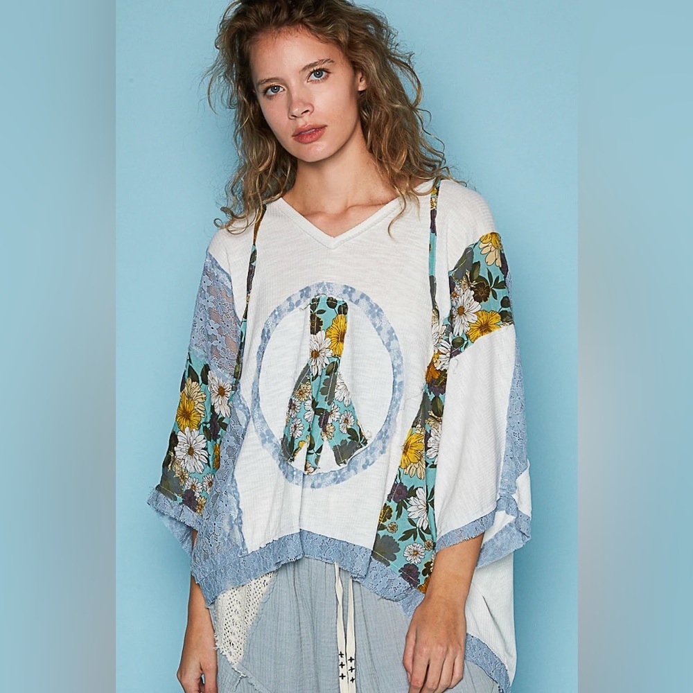 POL Peace Sign Patchwork Floral Poncho Style Lightweight Hooded Top size large - Picture 2 of 8